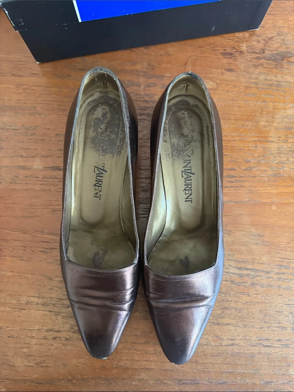 Yves Saint Laurent Metallic Brown Low Block Heel Pumps